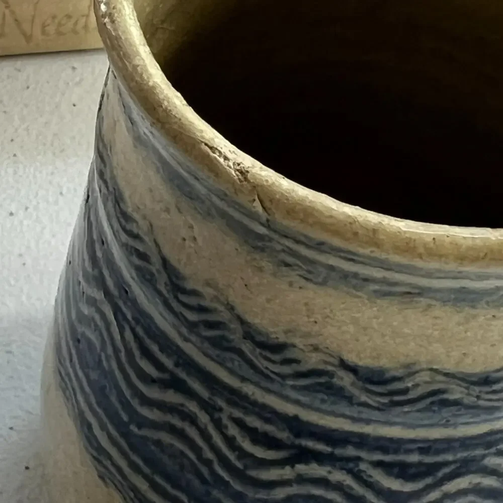 Studio Art Pottery Handmade Jar Vase Signed Ivory Blue Striped Zig Zag 5.5”